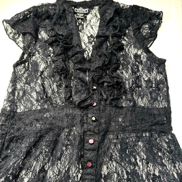 Black Lace Top Med Sheer Ruffles Romantic Goth Y2K Victorian Vampcore Angie - Picture 4 of 8